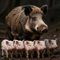 boar mother with her piglets, hyper detailed, digital art, artstation, cinematic lighting, studio quality, smooth render, by caravaggio, artgerm, greg rutkowski, craig mullins