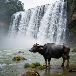 a pinhole photograph of a waterfall with a water buffalo next to the waterfall