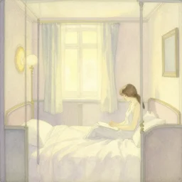 a lonely girl in a liminal hotel room, watercolor by hammershøi, limited color palette, very intricate, art nouveau, highly detailed, lights by hopper, soft pastel colors, minimalist