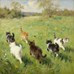 a beautiful edmund leighton painting of five cats chasing a butterfly in a field