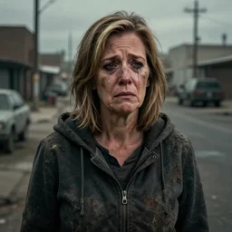 fantasy art 4 k ultra detailed photo caricature sad crying tears liz cheney as a homeless dirty diseased skid row poor
