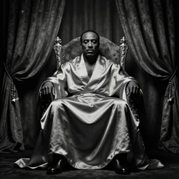 single Large black man sitting on throne wrapped in silk, background made of large folding curtains, dark, hyper detailed, hyper realistic, 8K photo realistic, black and white color, dimly lit, butterfly lighting, dark, style of rafael pavarotti