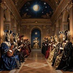 memento mori, celestial bodies, ornate palace, masquerade balls, candles, musical instruments by caravaggio