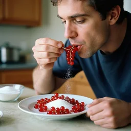 a man eats currants with sugar in a plate in the kitchen, hyper realistic, hyper detailed, fujicolor superia 1 6 0 0 photo, cfg _ scale 8