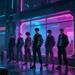 a group of people standing outside of a building, cyberpunk art by liam wong, cgsociety, retrofuturism, glowing neon, neon, matte painting