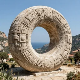 a gigantic paleolothic torus made of stone with highly detailed carvings of intricate shamanic robotic electronics and circuitry, in a mediterranean lanscape, inside a valley overlooking the sea, in the style of michael karcz
