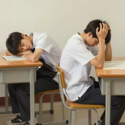 two students sitting on a chair next to a desk, one student sleeping next to the other student who is hitting his head against the desk, photorealistic, digital painting, high quality