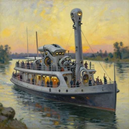 detailed close - up of a side view full shot futuristic neon robotic cyberpunk steamboat in the senna river, people waving, impressionism, oil on canvas, natural colors, horizon, golden hour, masterpiece, detailed, by gustave caillebotte, wlop, mucha, greg rutkowski