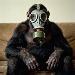 great ape wearing a gasmask sitting on a couch, in the style of gregory crewdson