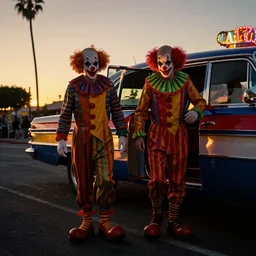 2 0 clowns leaving a clowncar at a california drive in, in 2 0 1 2, cutecore clowncore, bathed in the the glow of the sunset, low - light photograph, in style of tyler mitchell