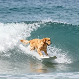 a golden retriever dog surfing on the waves of a tsunami