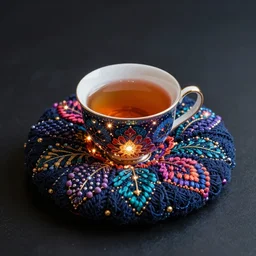 high resolution 4k Blessing Tea Cozy night tea fantasy tea dark and colorful, bright sparkling lights realistic night sky, stars, moon, bright crystal lanterns 3d, depth details In the art style of Philip Hyde-H 576
