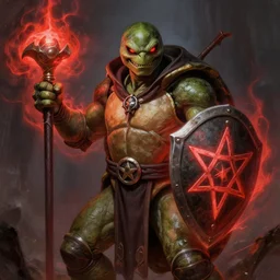 magic : the gathering fantasy artwork by franz frazetta, high resolution. a clear portrait of an evil - looking, male, anthropomorphic tmnt tortoise dressed like a cleric, holding a pentagram shield and radiating red arcane energy, gritty coloring, intricate, digital painting, artstation, smooth, sharp focus