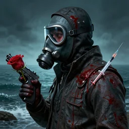 a rogue agent wearing oxygen mask, has blood, rose, a pistol and a syringe needle with sea background intricate details with horror side profile by Sandra Chevrier in 8k render dramatic light