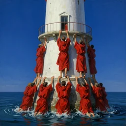 worshippers in red robes belonging to the cult of the lighthouse clambering out of the water and entering the light house, high detailed beksinski painting, part by adrian ghenie and gerhard richter. art by takato yamamoto. masterpiece, deep colours, blue