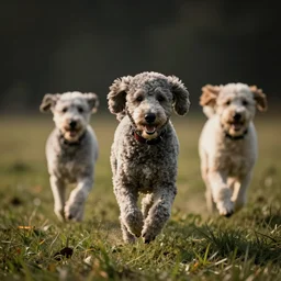 poodles running through a field, dramatic cinematic lighting