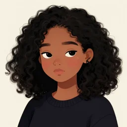 a shy dark skinned brazilian girl blushing with droopy eyes, black curly hair, wearing a dark sweater, digital art, cute, trending on artstation, smooth