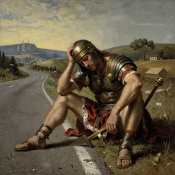 very tired Roman legionary sitting on a side of a road, hyperrealistic painting by Leonardo da Vinci,