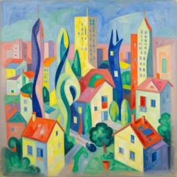 a surreal neighborhood in a cityscape, vibrant style by olexandr archipenko, jean metzinger