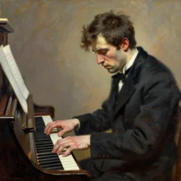 grumpy man playing piano, painting by tom of finland, john william waterhouse, claude monet