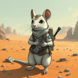anthropomorphic rodent with white and black ancestral ornate japanese tactical gear on an abandonment desert planet, high intricate details, long shot, rule of thirds, golden ratio, graphic novel by fiona staples and dustin nguyen, by beaststars and orange, peter elson, alan bean, studio ghibli, makoto shinkai