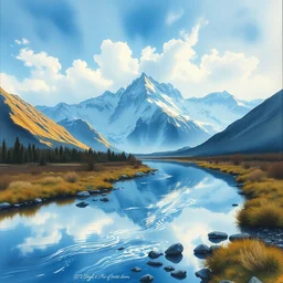 watercolor painting of small cold river, reflections, tall mountains and clouds, mythological art by hans gude, ambient lighting and shadows, romance art by hans dahl, by jesper ejsing, art by anders zorn, wonderful masterpiece by greg rutkowski, cinematic light, american romanticism by greg manchess, creation by tyler edlin