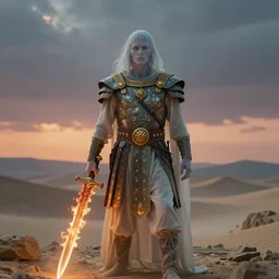 cinematic still of ghostly man in ancient Canaanite armor and a flaming sword, paradise in the background, Biblical epic directed by Peter Jackson