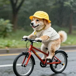 a dog with a yellow hat riding a bike while raining