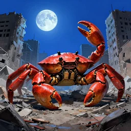 a giant mechanical crab in the middle of a war - torn, crumbling city, blue moon shining in sky, engraving, artstation, concept art, smooth, sharp focus, vivid grunge, manga, illustration, unreal engine 5, 8 k, art by bilibin and kuvshinov and malevich and mucha