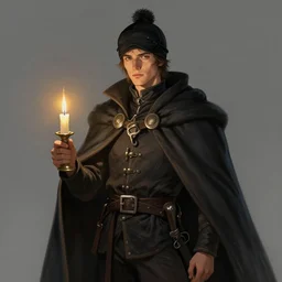 a young male swashbuckler wearing a black sleeping cap with a puffball, holding a candle, wearing a flowing cape, portrait, d & d, science fiction, concept art, matte, sharp focus, illustration, concept art, jason chan, dan luvisi, karl thiart, uhd, 4 k, very detailed