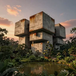 brutalist architecture, streetscapes, surrounded by lush green forest and murky ponds of water, stunning volumetric lighting, sunset, rusted steel, smooth solid concrete, stunning skies, trending on Artstation, 8k, photorealistic, hyper detailed, unreal engine 5, IMAX quality, cinematic, epic lighting, in the style of the game DOOM, by Zdzislaw Beksinski