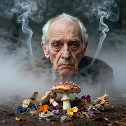 photographic portrait of wrinkly sad max ernst swan dried melting floral fungus with spiraling cigarette smoke, in fog, colorful