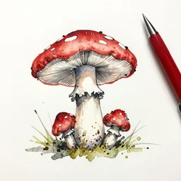 loose pen and ink drawing by jean - baptiste monge water color on white paper watercolor sketch mushroom hard edges, pencil lines, drips, runs, spatter, details. red chrome. jean - baptiste monge!!!!!