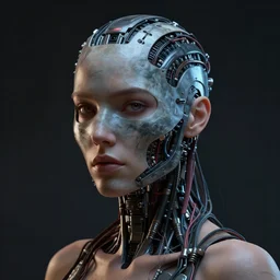 human 3 d by pantokrator, beautiful sexy woman head made of mech mask rendered in unreal engine, movie shot from blade runner 2 0 4 9, cyberpunk, dark, scifi, dark cyberntic wires and vessels coming from core processor, contrast, painted by david burliuk | bernard buffet | carne griffiths | stanislaw lem
