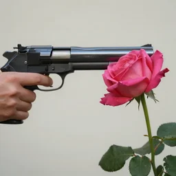a rose blooms from the muzzle of a pistol