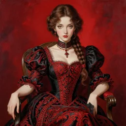beautiful woman with braided brown hair, wearing an elegant ornate dress, sitting in a chair, highly detailed, painting, red and black color palette, intricate, in the style of ilya kuvshino, high quality anime artstyle
