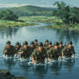 a cinematic painting of a squad of soldiers emerging from the water, in a vast serene landscape, with trees and rivers, detailed, deep focus, movie still, dramatic lighting, by michal karcz and yoshitaka amano