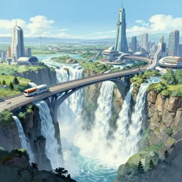 A beautiful illustration of a futuristic city of bridges built on a world of waterfalls by Robert McCall and Ralph McQuarrie | sparth:.2 | Time white:.2 | Rodney Matthews:.2 | Graphic Novel, Visual Novel, Colored Pencil, Comic Book:.6 | unreal engine:.3 | | viewed from above | establishing shot:.7