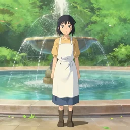 a beautiful full body portrait of a young woman wearing a white apron standing in front of a fountain in a park, makoto shinkai,  james gilleard, very detailed, matte, gaussian blur, tone mapped William-Adolphe