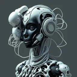 baroque albino black supermodel in the shape of a robot, by iris van herpen, inflateble shapes, rent gucci dress, wires, tubes, veins, white biomechanical details, epic bionic implants, masterpiece, intricate, biopunk, vogue, highly detailed, artstation, concept art, cyberpunk, octane render, cell shading