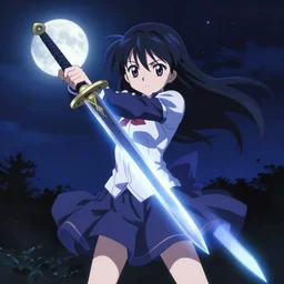 Anime Screenshot of a LITTLE WITCH ACADEMIA unsheathing her sword at night, strong blue rimlit, visual-key, Nighttime Moonlit, anime illustration BY STUDIO TRIGGER