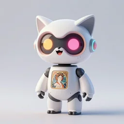 product photo of a futuristic happy surprised robot pet, asymmetric minimalistic cute, by artgerm and greg rutkowski and marc newson and zaha hadid, alphonse mucha, samsung apple webcam, matte glossy materials, neon, owl nycticebus fennec inspired. three quarter view, volumetric light, detailed, octane render, midsommar