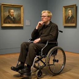 a blonde man, short hair and glasses, sitting in a wheelchair pondering about life, portrait in the style of rembrandt, rembrandt exhibition, 4 k high definition, masterpiece