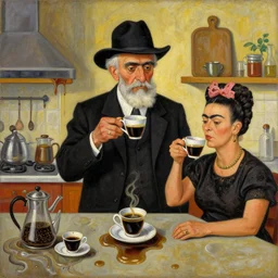 a painting of a old and strange dusty professor in black suite and hat and a old woman making a study of drinking 1 0 cups of black coffee in 5 seconds in a kitchen that is melting, styled and painted by frida kahlo