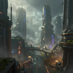 photorealistic wide angle view of piltover underground cyberpunk city, league of legends arcane, highly detailed, digital matte painting, artstation, misty, octane render, 8 k, by federico pelat and liam wong and florian pasquier