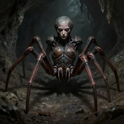 creepy matte painting of an armored humanoid female spider monster with no eyes with eight spider legs in a dark cave, ultra detailed, monster, half human half spider, human torso and head, spider thorax, human face, human arms, creature design, concept art, 8 k, moody lighting, muted colors, dramatic lighting, realistically proportioned face