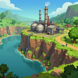 A cement factory on the edge of a cliff above a lagoon, outer wilds screenshot, satisfactory screenshot, dark souls screenshot, digital art, artstationhq, vibrant colors