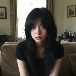 poor quality digital photo of an emo girl, black hair, british living room, soft light, 2 0 0 7