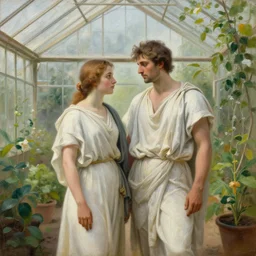 Couple at a greenhouse in Ancient Greek | painting by Greg Rutkowski | trending on artstation | 8k | HD