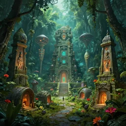 ancient monument in the jungle, lost alien civilization, ancient alien tools and houses, tropical forest, glowing alien monuments, alien relic, syd mead, john harris, art station, flowers
